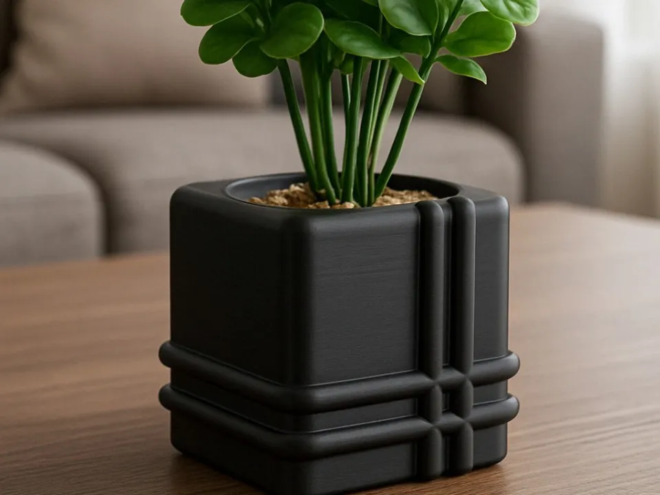 3D Baskı Square Planter - Izgara Desenli Küp Saksı-Siyah