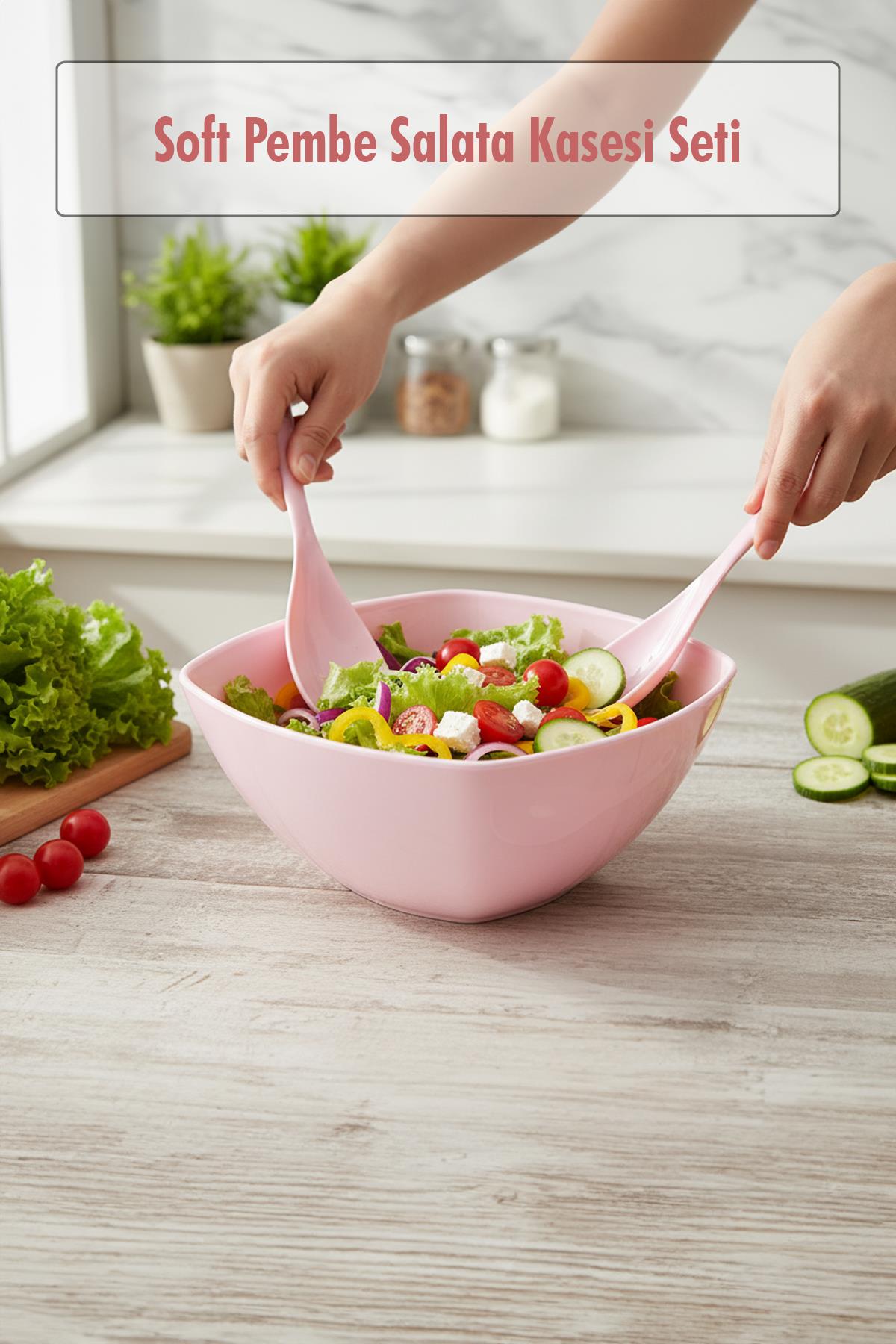 3,5 Lt Soft Pembe Akrilik Kare Salata ve Servis Kasesi Seti ? 3 Parça