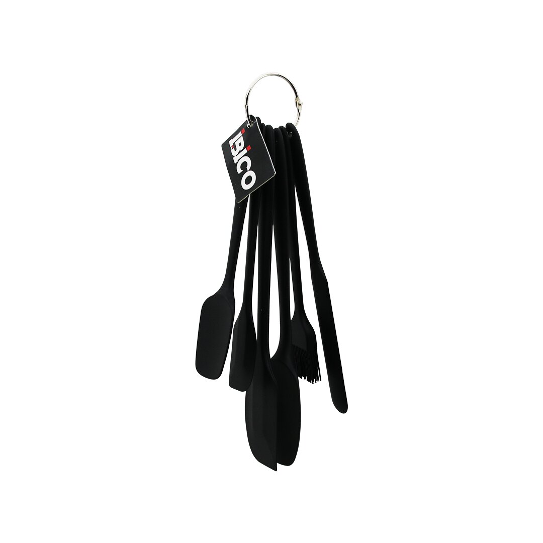 6PCS Silikon - Siyah Mutfak Seti 2 Kaşık - 3 Spatula - Yumurta Fırça Metal Asma Halkalı