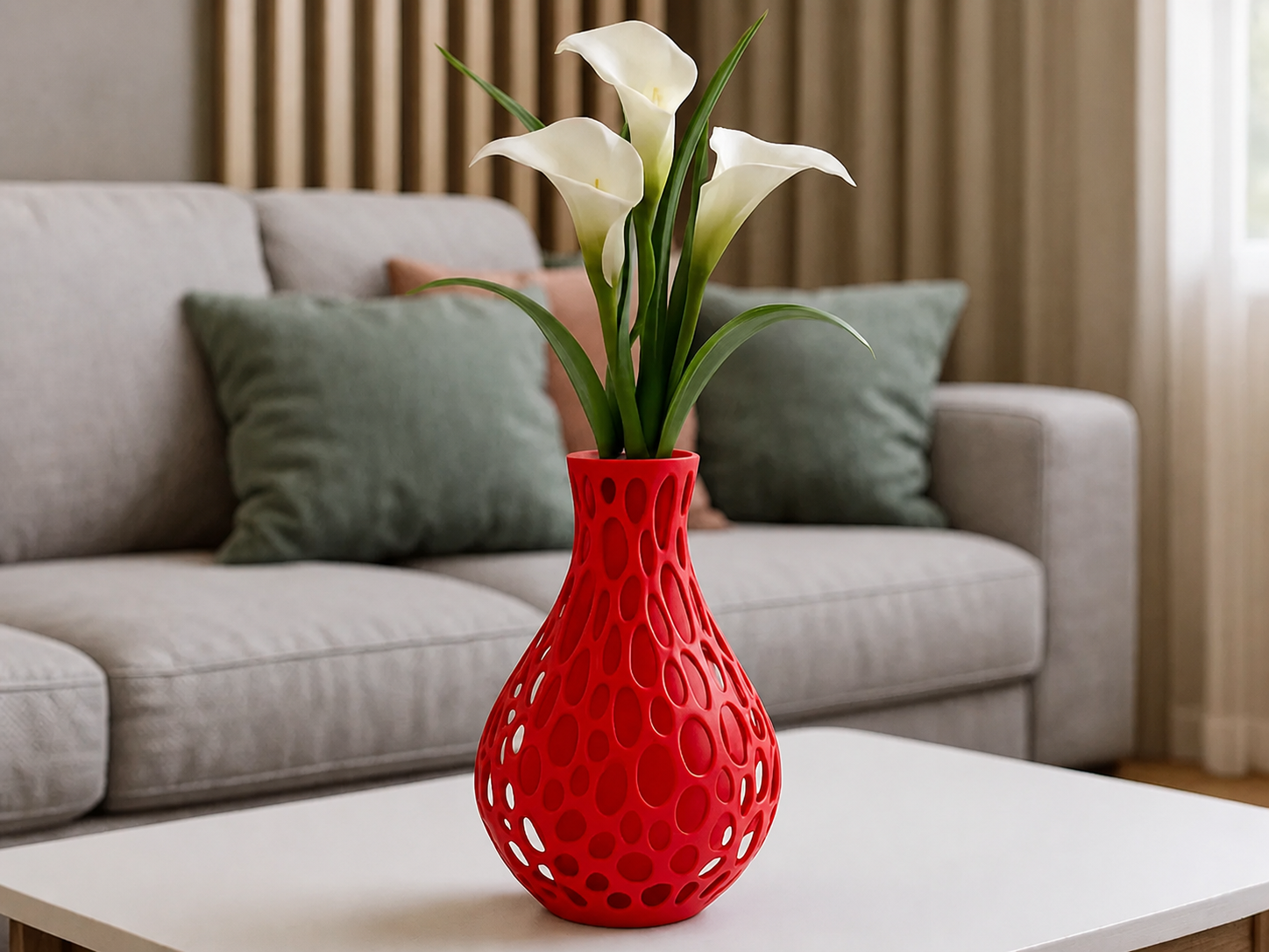 3D Baskı Petek Dokulu Vazo - Delikli Dekoratif Vazo-Kırmızı