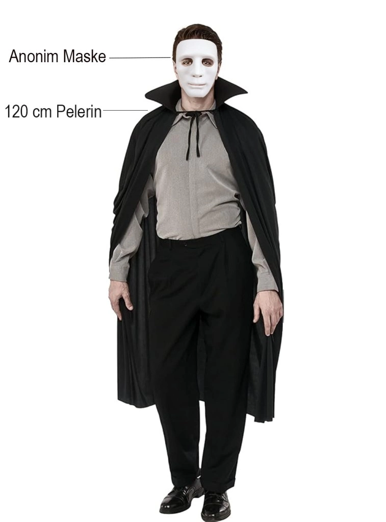 Şık Siyah Pelerin ve Beyaz Maske 120 cm Seti
