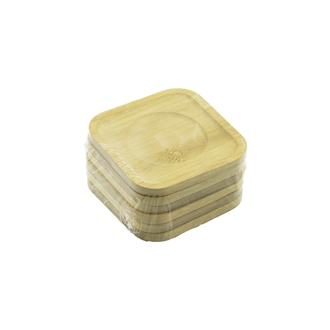 Şık Bambu Ahşap Çay Tabak 9.7x9.7 cm 6 Adet Set