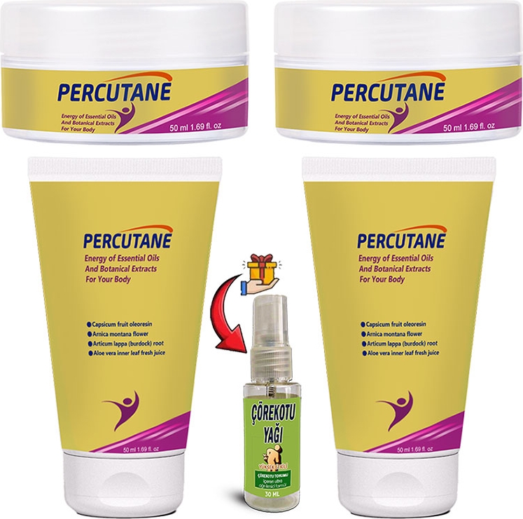 Percutane 2şerli Set: Tüp + Kavanoz Kapsikum Arnika Montana Dulavratotu Kökü Kremi 50ML + Çörekotu Yağı Vücut Masaj Seti