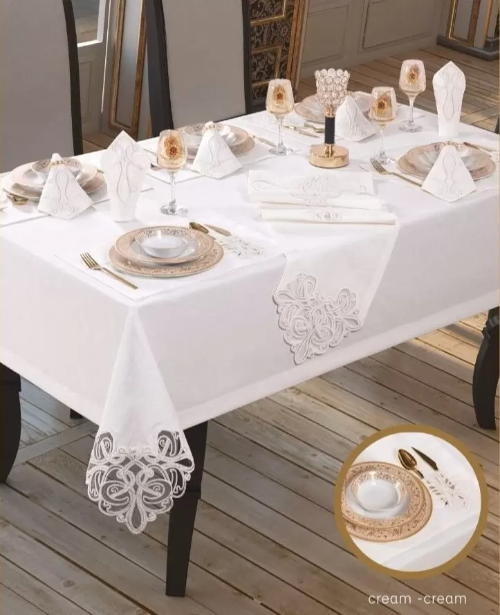 Taç Keten Krem-Krem 12 Kişilik 26 Parça 160 × 220 cm Şık Premium Sofra Takımı
