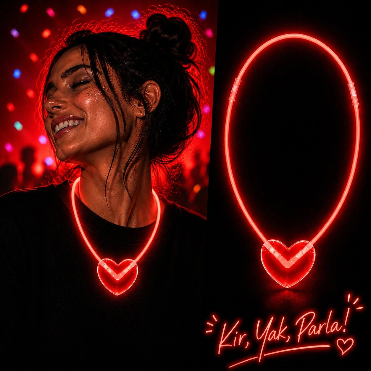 Eğlenceli Kırmızı Neon Kalp Parti Kolyesi 4-6 Saat Işık Süresi
