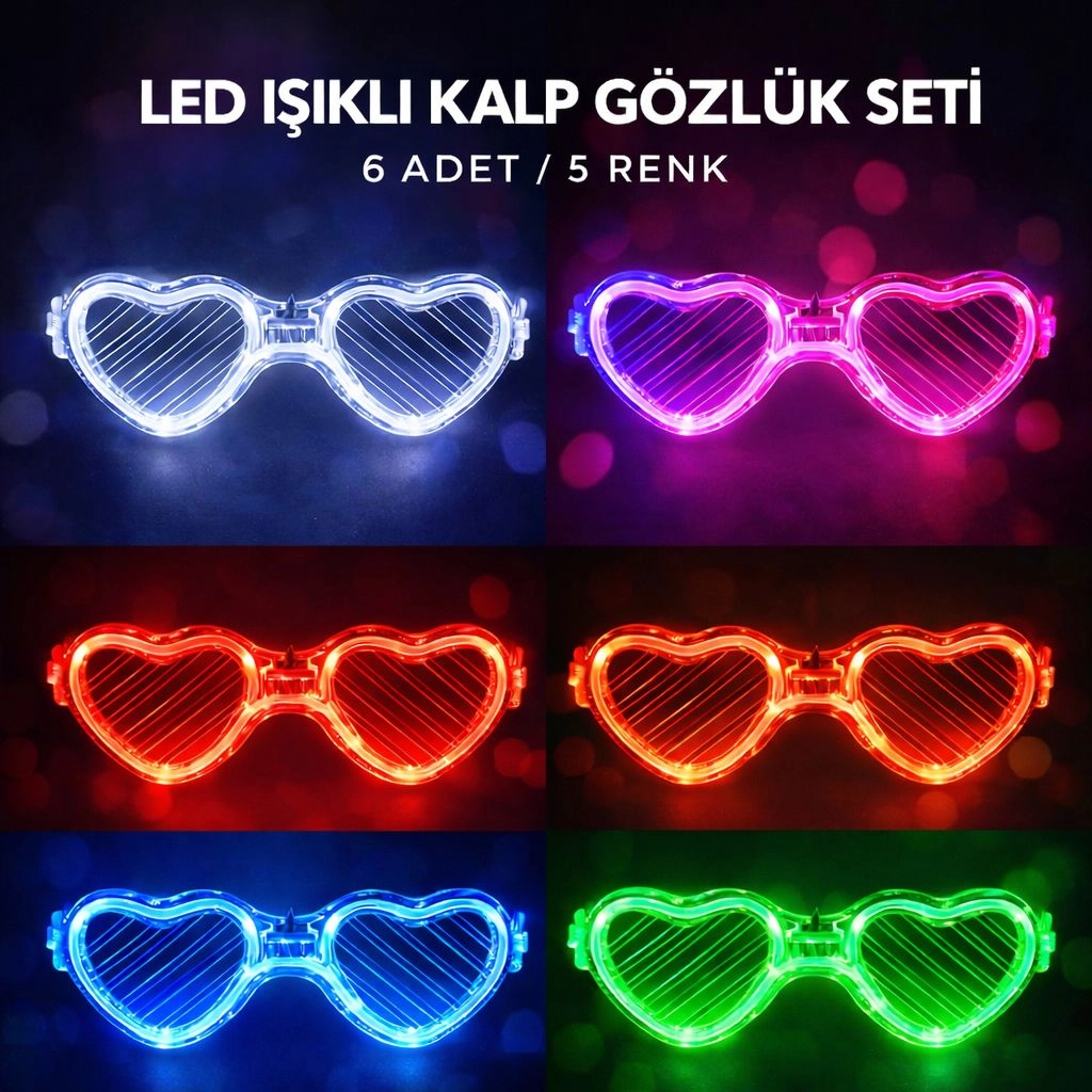 Eğlenceli LED Işıklı Kalp Gözlüğü Seti 6 Adet 5 Renk