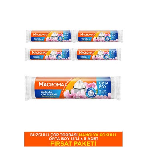 (MACROMAX ORTA BÜZGÜLÜ ÇÖP POŞETİ MANOLYA KOKULU 15 Lİ (5 Adet)