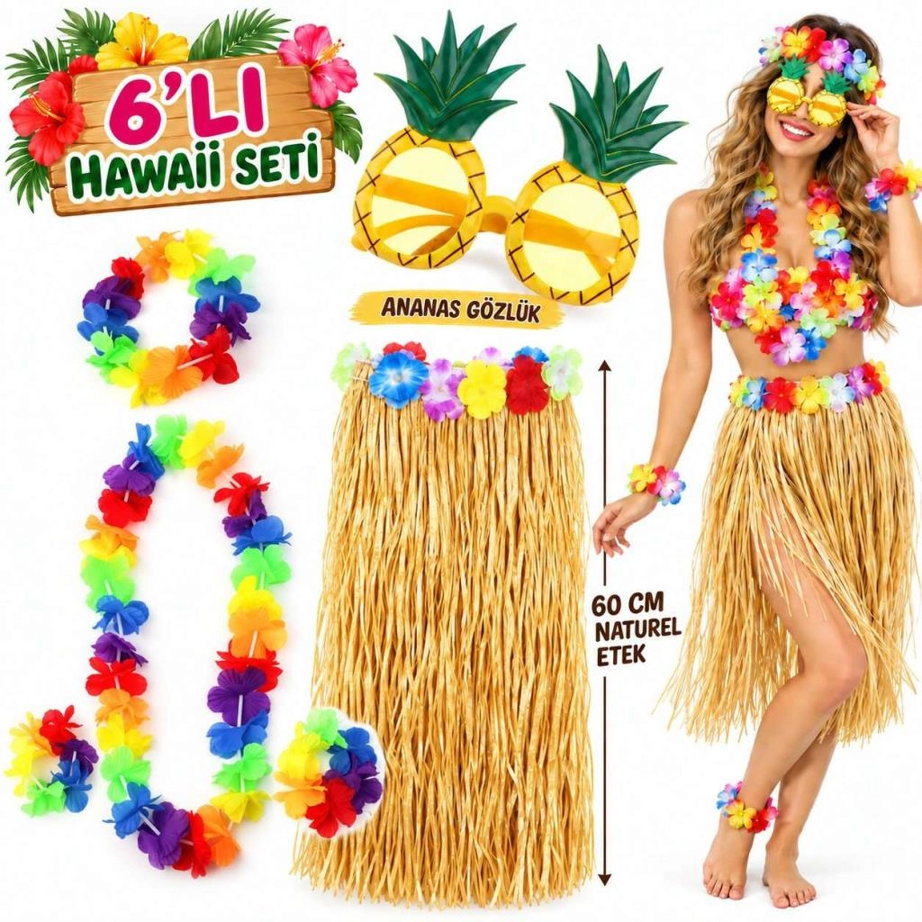 Eğlenceli Hawaii Parti Kostüm Seti 60 cm Etek ve Aksesuarlar