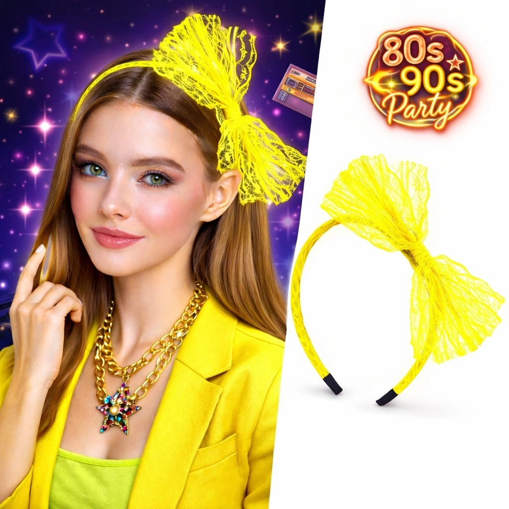 Retro Dantel Taç Fiyonklu Neon Sarı 80'ler 90'lar Parti Aksesuarı
