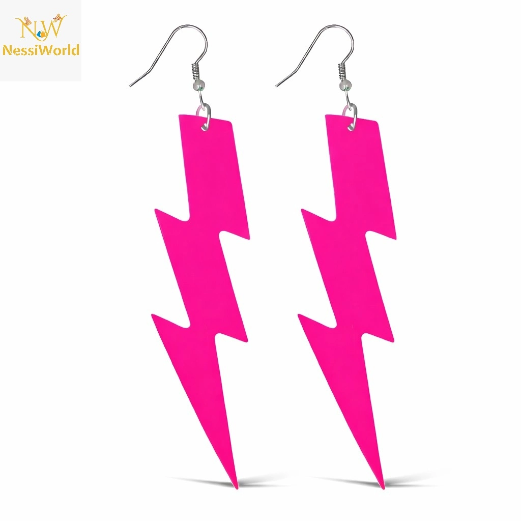 Retro Neon Pembe Şimşek Küpe 10 cm Uzunluk