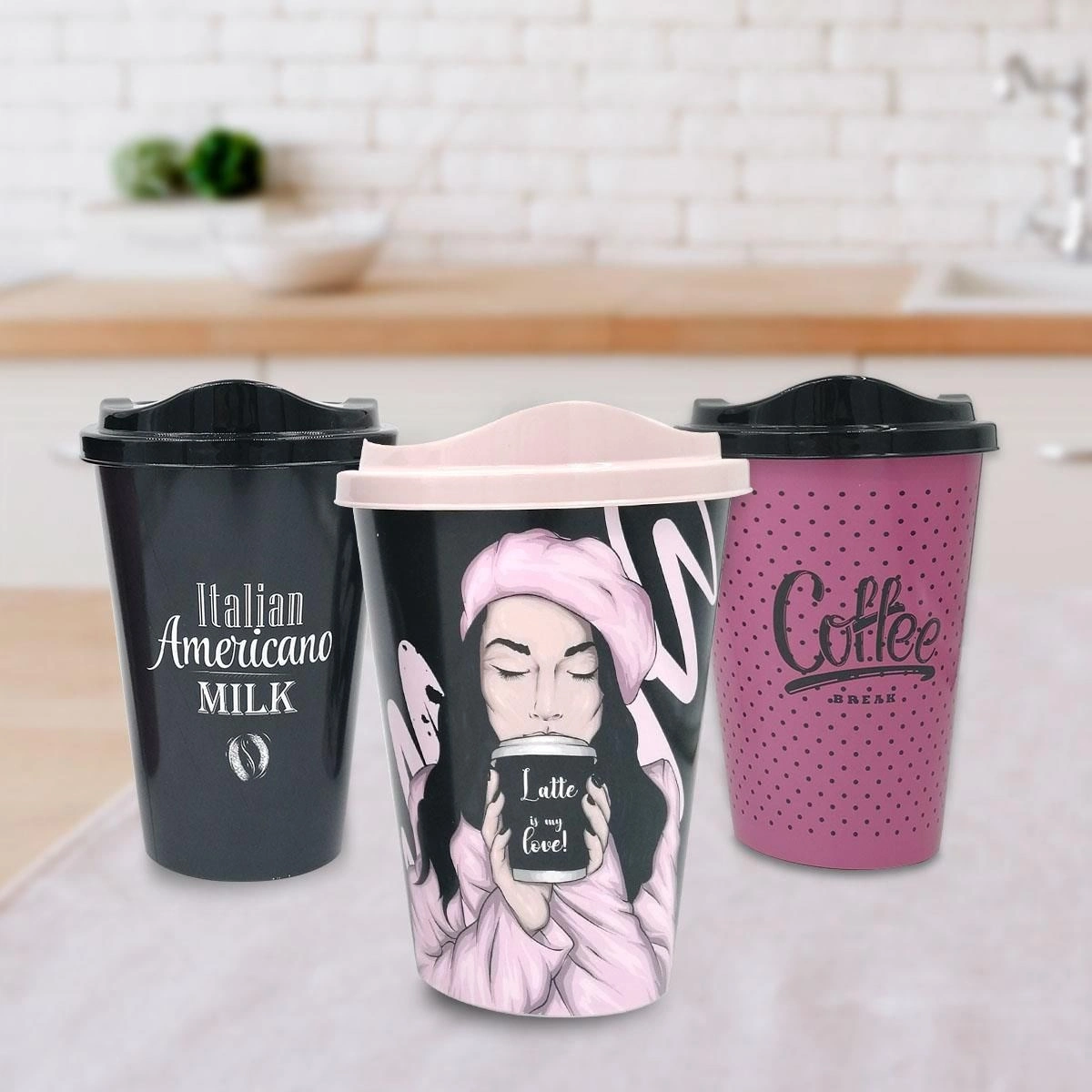Dekoratif Kapaklı Kahve Bardağı Seti 3 Adet Plastik