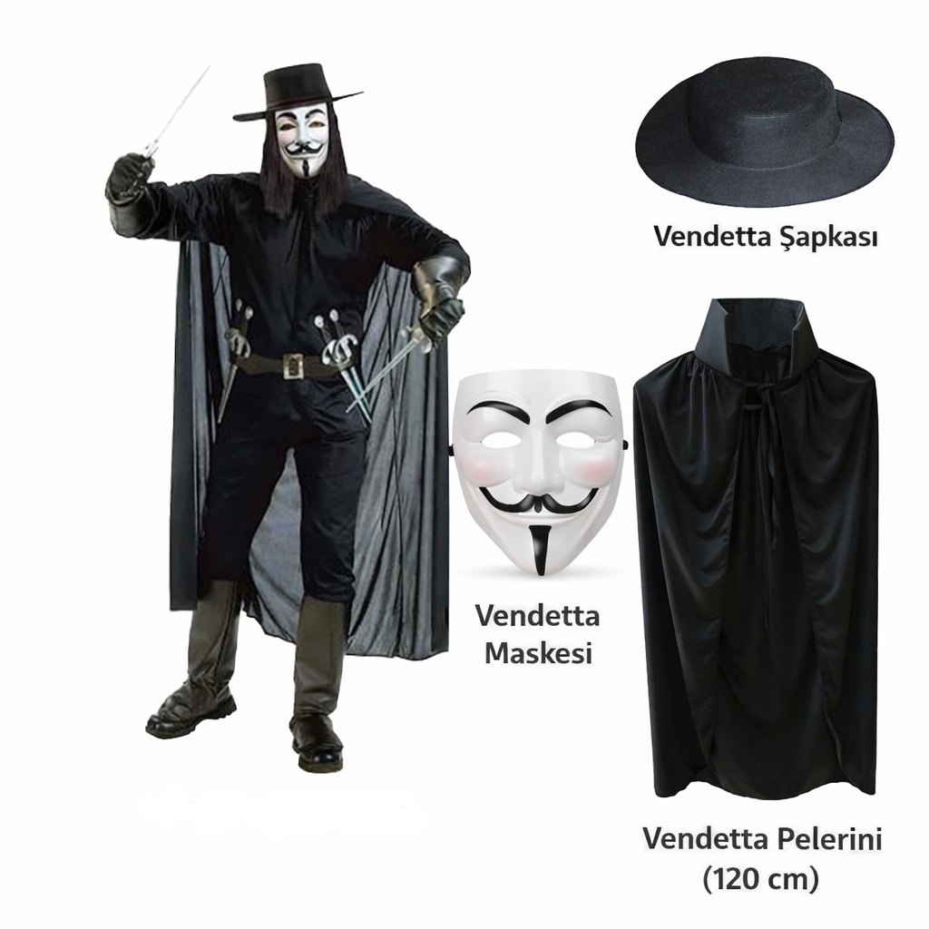 Vendetta Kostüm Seti ? Şapka Maske Pelerin (120 cm)