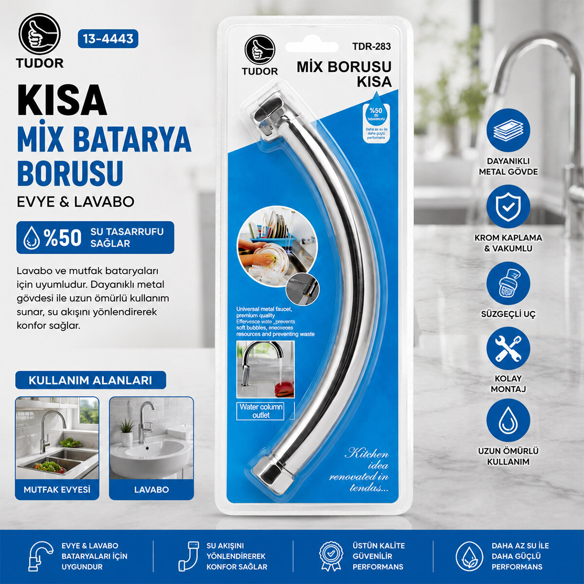 Kuğu Evye - Lavabo Kısa Mix Batarya Borusu Krom Kaplama - Vakumlu - Süzgeçli Uç