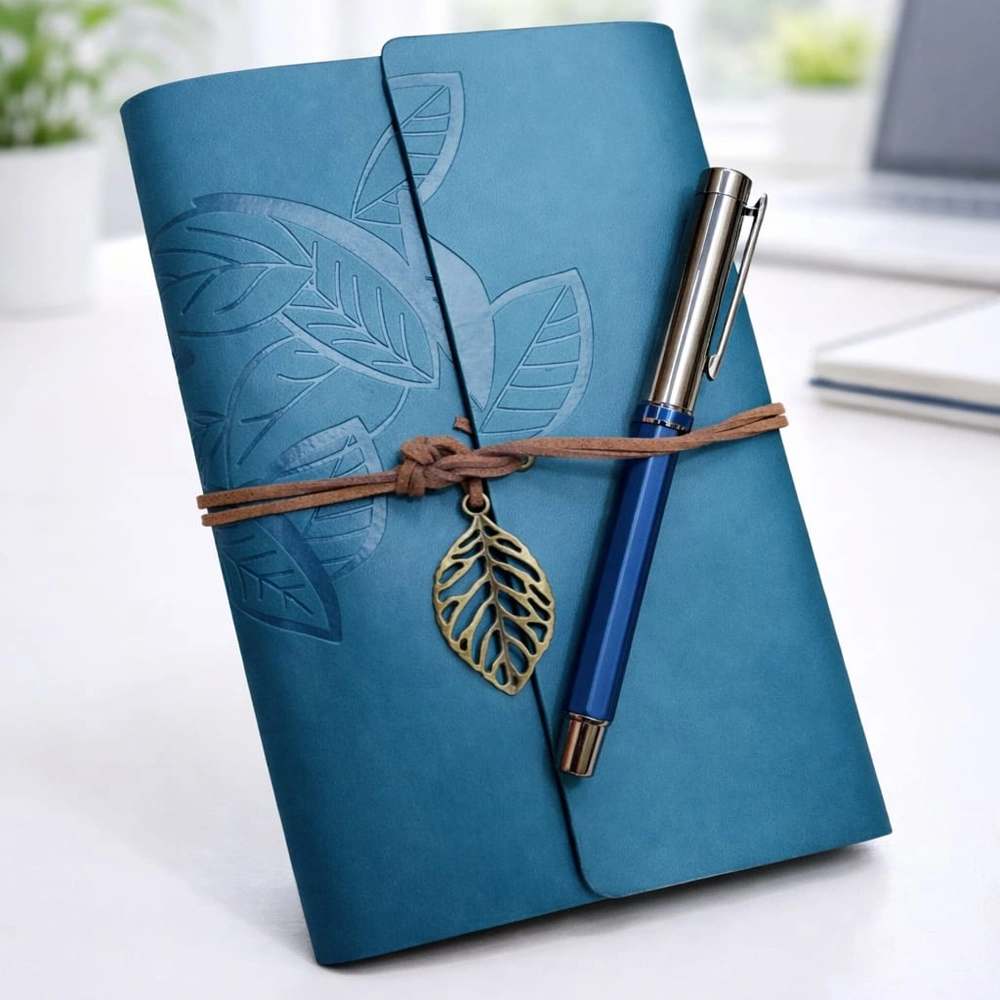 Şık Yaprak Desenli Deri Defter ve Metal Kalem Seti A5 Boyut