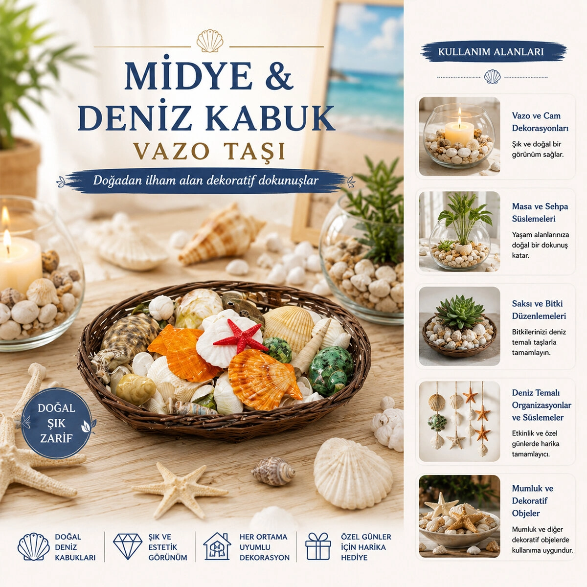 Renkli Mix Midye Deniz Kabuk Vazo Taşı 1 Adet Oval Ahşap Sepet