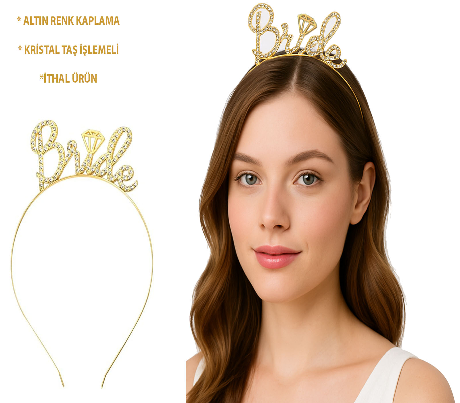 Altın Renkli Taşlı ?Bride? Gelin Tacı ? El Yazısı Yazı Tipiyle