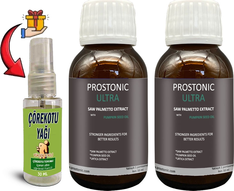 Prostonic Ultra: 2 Adet Erkeklere Sawpalmettolu Kabak Çekirdeği Ekstratlı 50 ml Şurup + 30 ml Çörek Otu Masaj Yağı