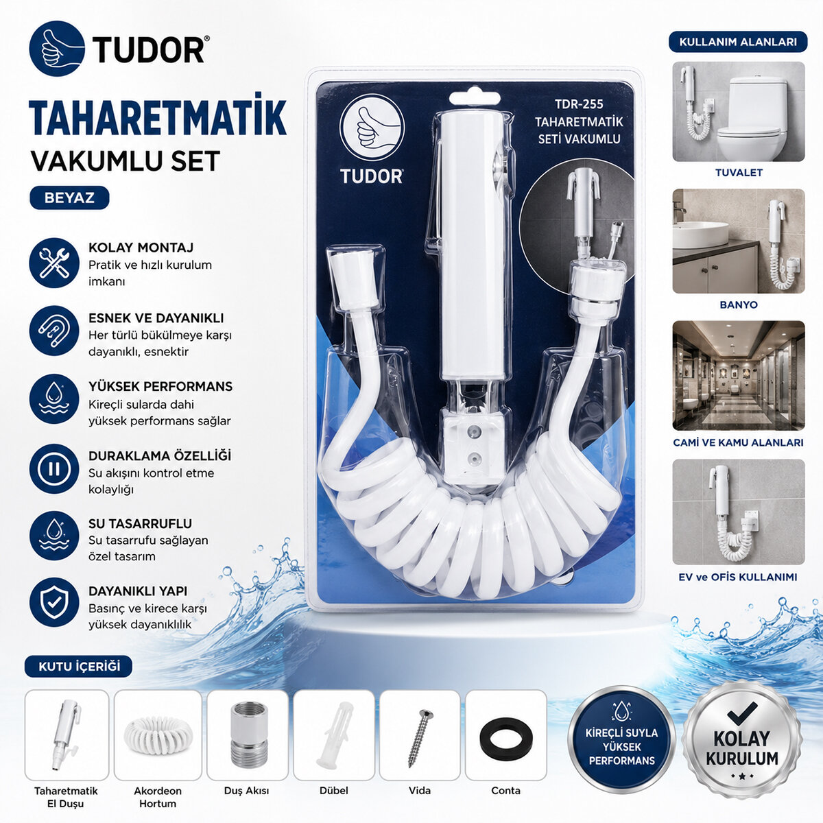 Beyaz Taharatmatik Seti Taharatmetik El Duşu- Hortum - Mafsal Vakumlu Set