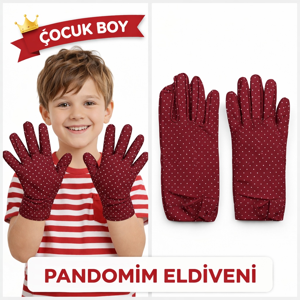 Çocuk Boy Pandomim Eldiveni Beyaz Puantiyeli Bordo Renk Gösteri Eldiveni 23 Nisan 19 Mayıs