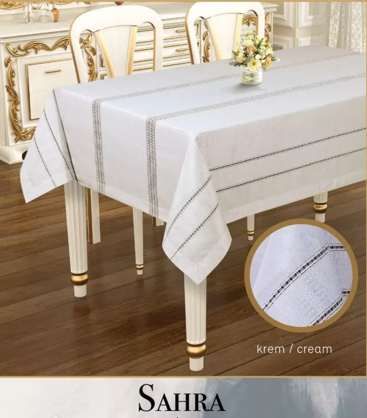 Sahra Krem 160x260 cm Dantelli Ajurlu Keten Masa Örtüsü Yemek Masası Dekoru