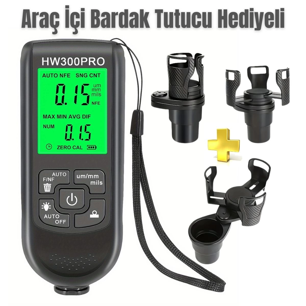 HW-300PRO Oto Boya Kalınlık Ölçer Fe NFe 2000µm + 2 Fonksiyonlu Bardak Tutucu Hediyeli
