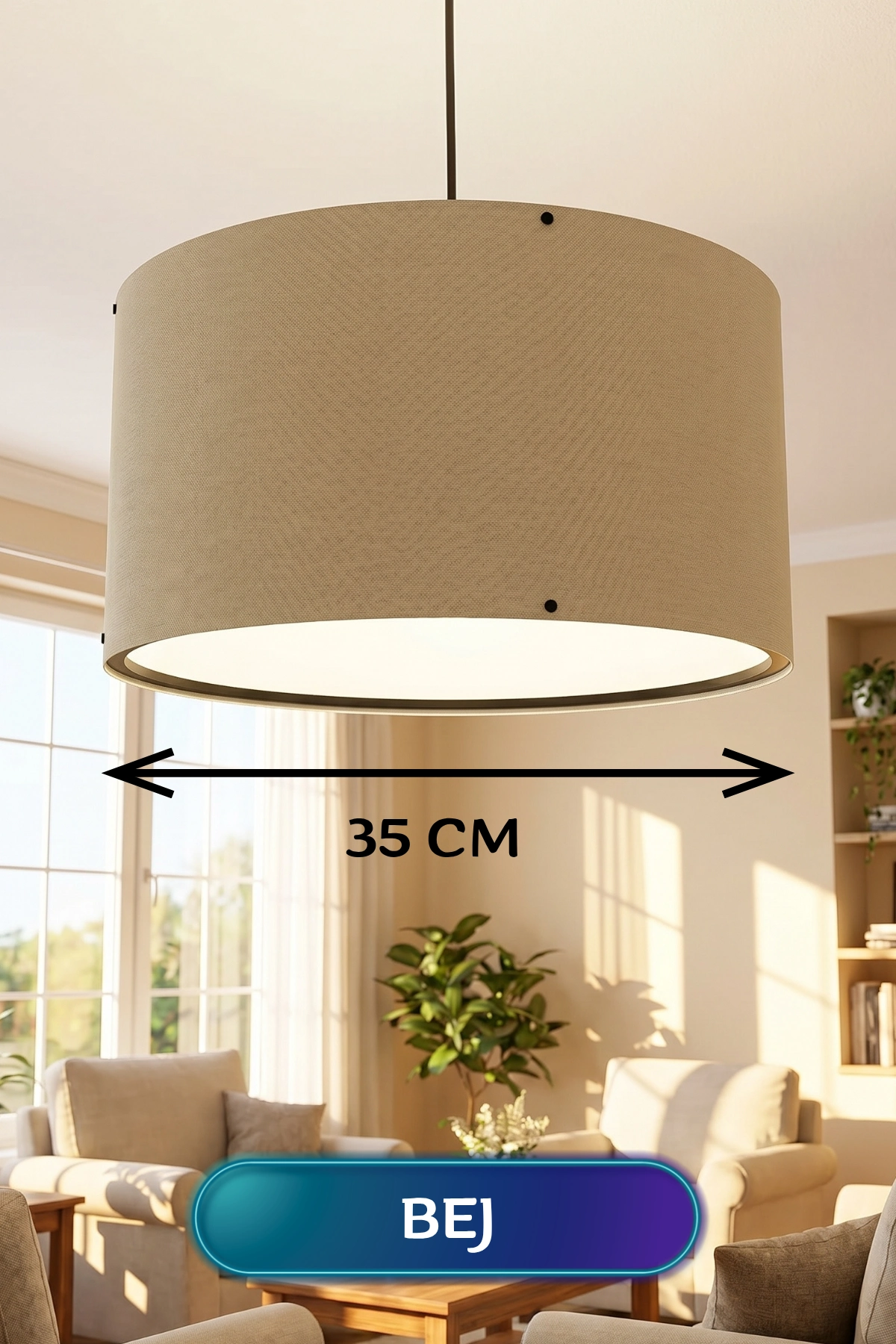 Şık Bej Kumaş Başlıklı Sarkıt Avize 35 cm İç Mekan