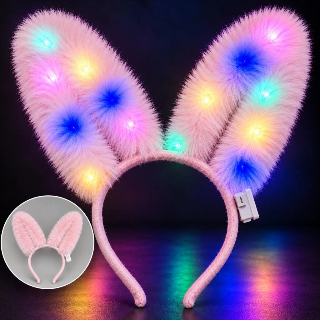 LED Işıklı Peluş Tavşan Kulağı Pembe Renk 3 Modlu