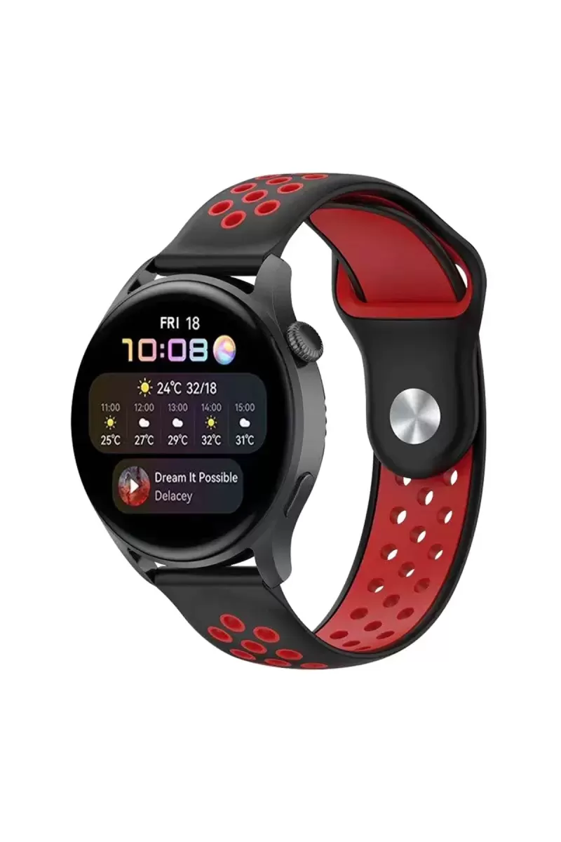 Watch 20mm Uyumlu Spor Delikli Kordon - Siyah-Kırmızı