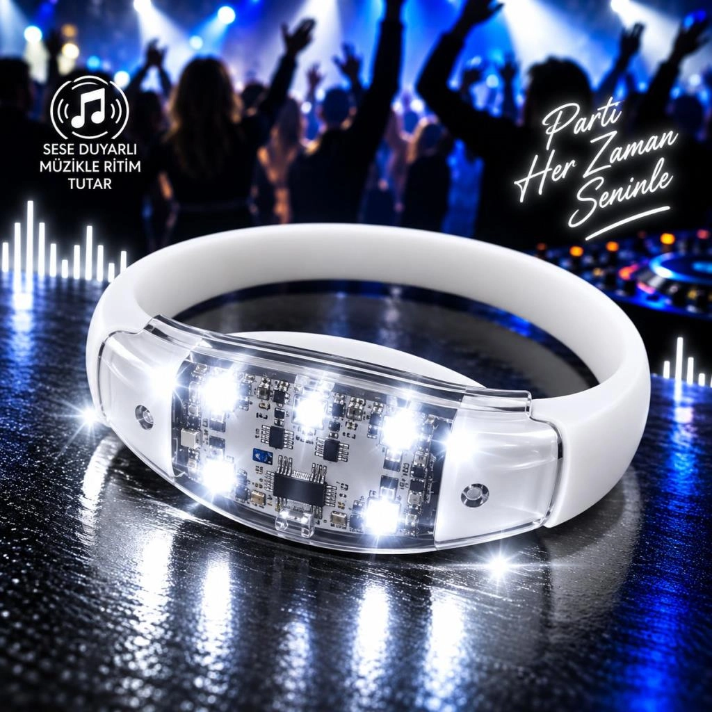 Duyarlı LED Işıklı Bileklik Beyaz Renk 1 Adet (Sese Model)