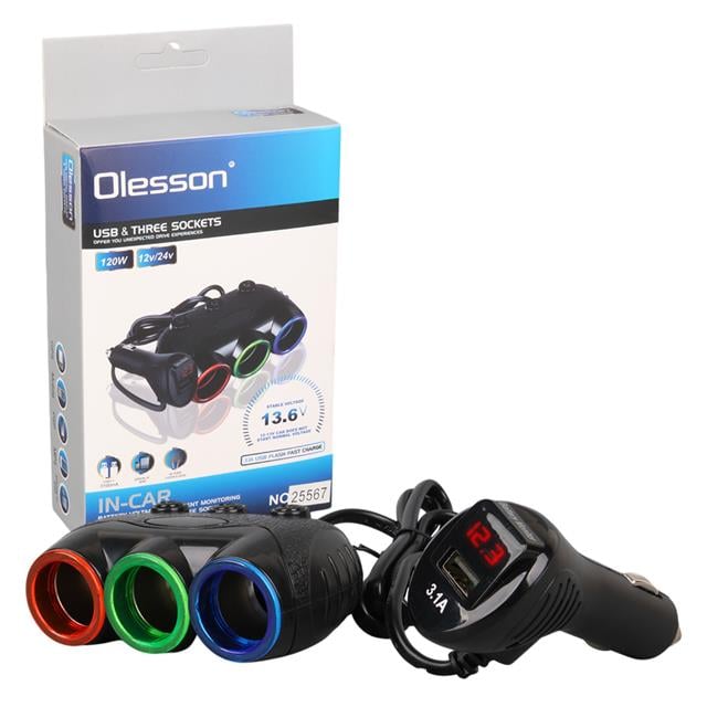 Olesson 1633 12-24V Tek USB Girişli 120W 80cm Kablolu Dijital Voltaj Ekranlı 3’lü Araç Çakmak Çoklayıcı