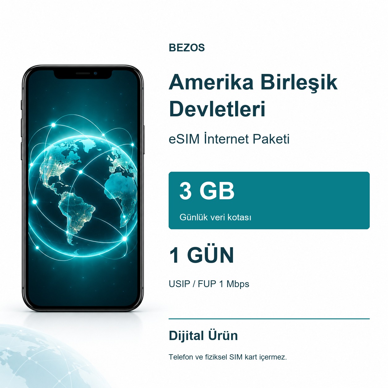 Amerika Birleşik Devletleri eSIM İnternet Paketi Günlük 3 GB 1 Gün - USIP / FUP 1 Mbps