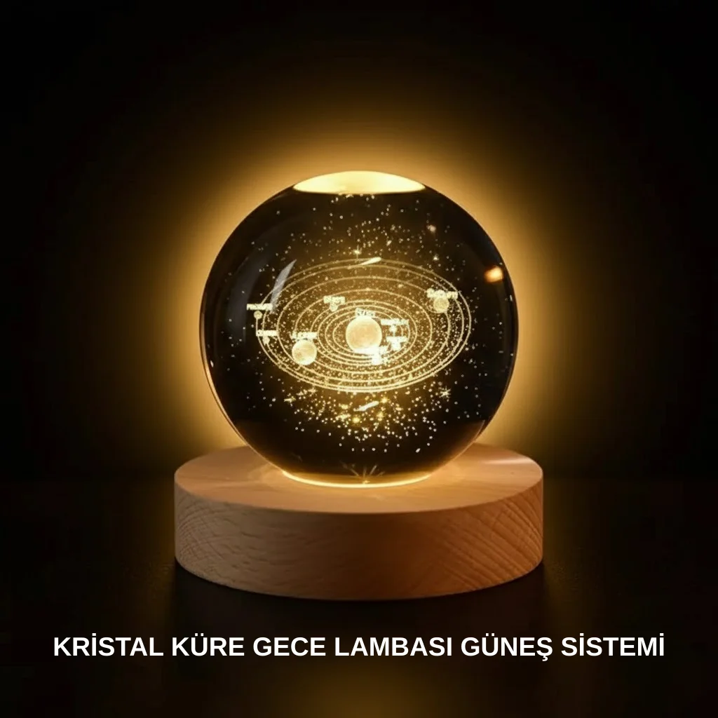 Ahşap Standlı LED Kristal Küre Lazer İşlemeli Dekoratif Obje
