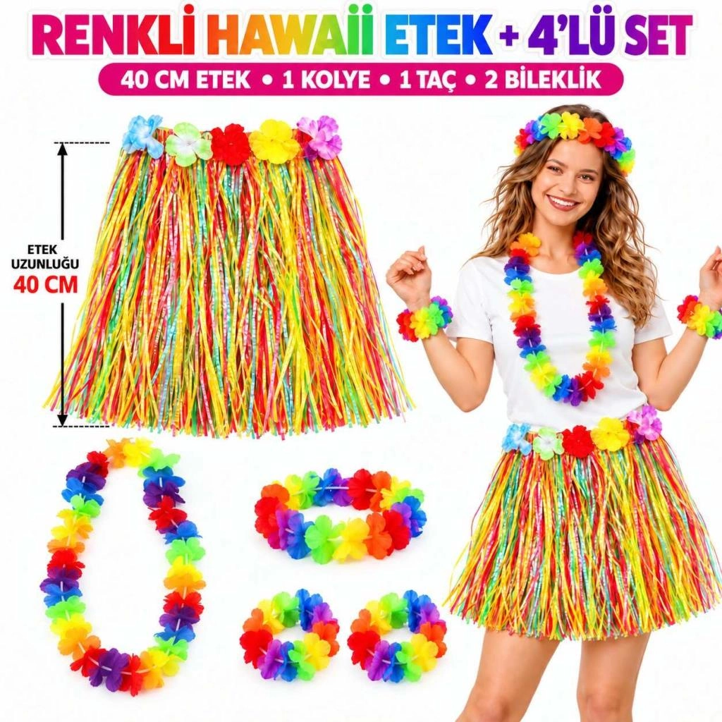 Hawaii Tarzı Renkli Etek 40 cm 4'lü Set