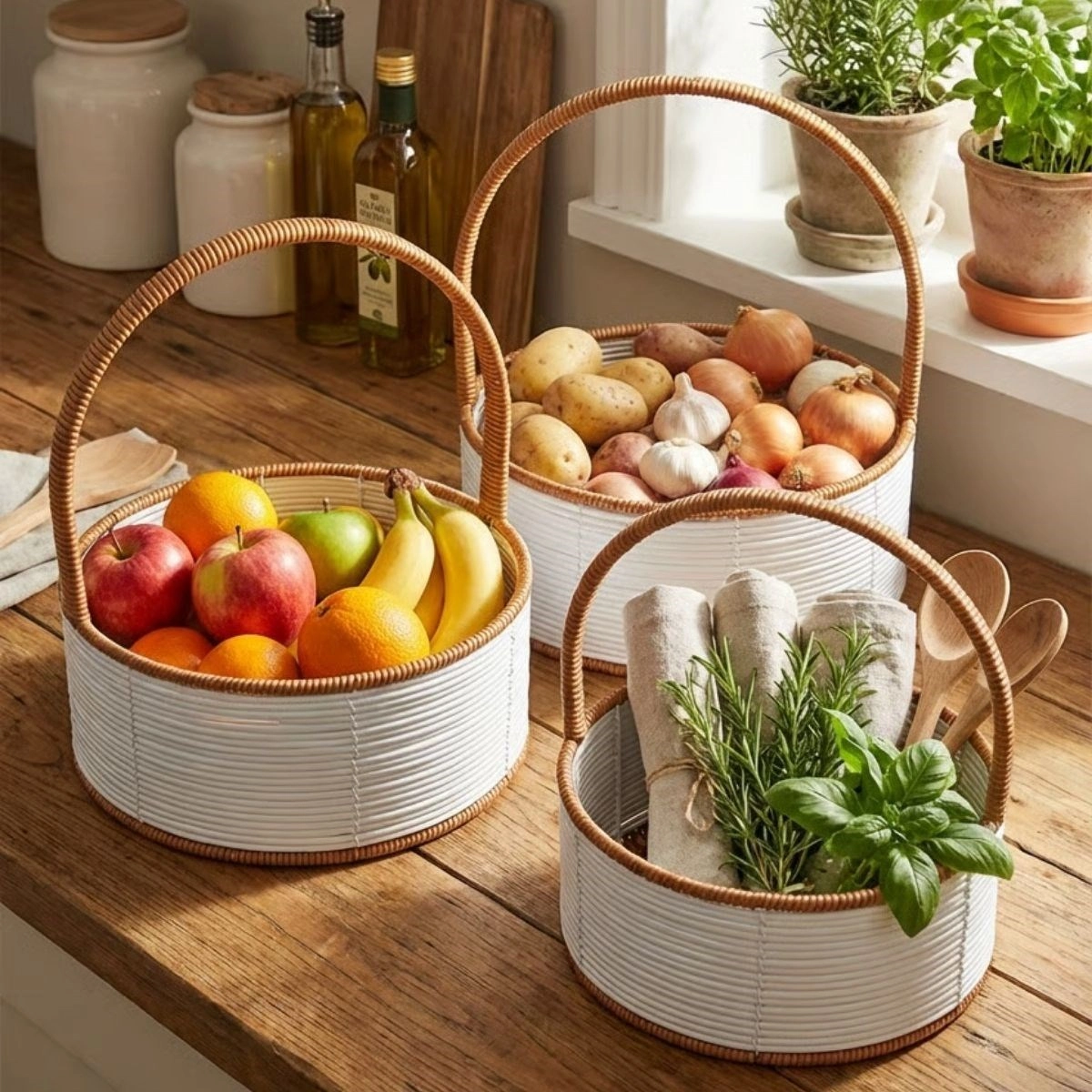 Çok Amaçlı İç İçe Geçebilen Rattan Sepet Seti 3 Boy
