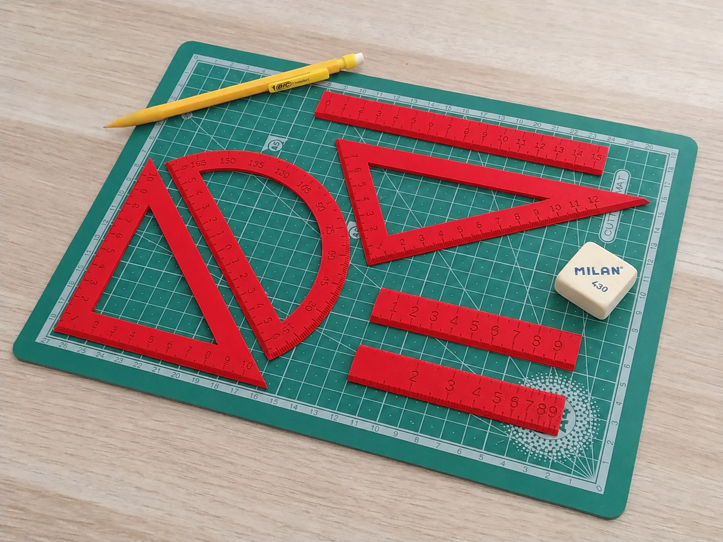 3D Baskı Geometri Cetvel Seti - İletki, Gönye ve Ölçüm Araçları - Kırmızı