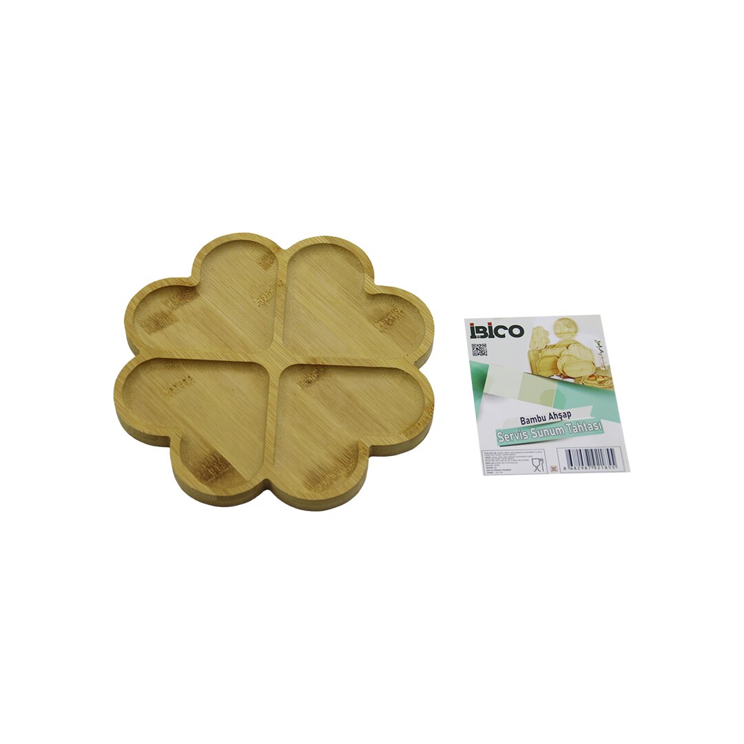 Yuvarlak 4 Kalp Bölmeli Ahşap Bambu Servis Sunum Tepsi - Tahtası 21 X 1.4CM