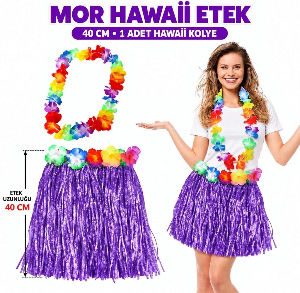 Mor Hawaii Etek 40 cm ve 4'lü Set ile Eğlenceli Parti Aksesuarı