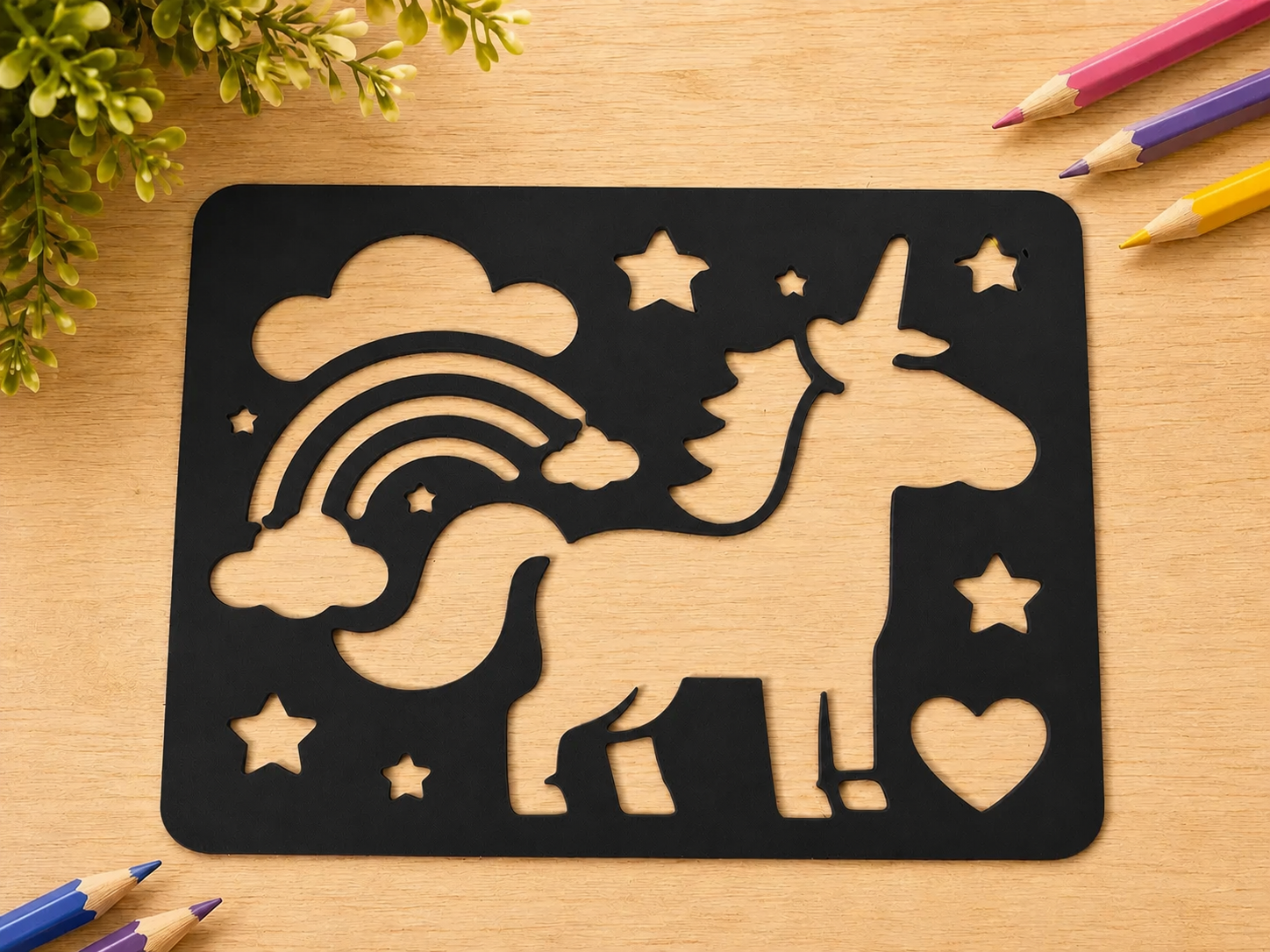 3D Baskı Unicorn ve Gökkuşağı Çizim Şablonu - Desen Kalıbı - Siyah
