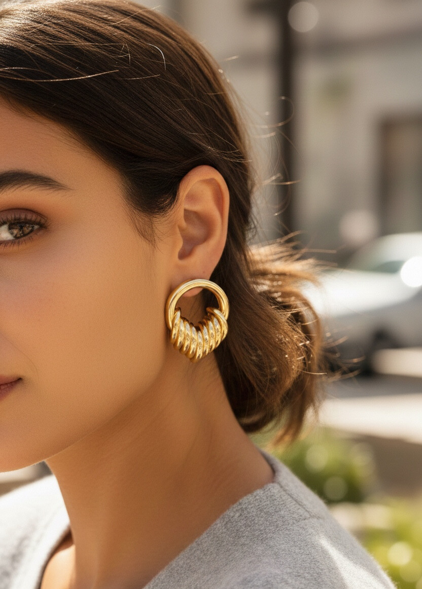 Pirinç Gold Renk Halka Sarmal Model Vintage Kadın Küpe