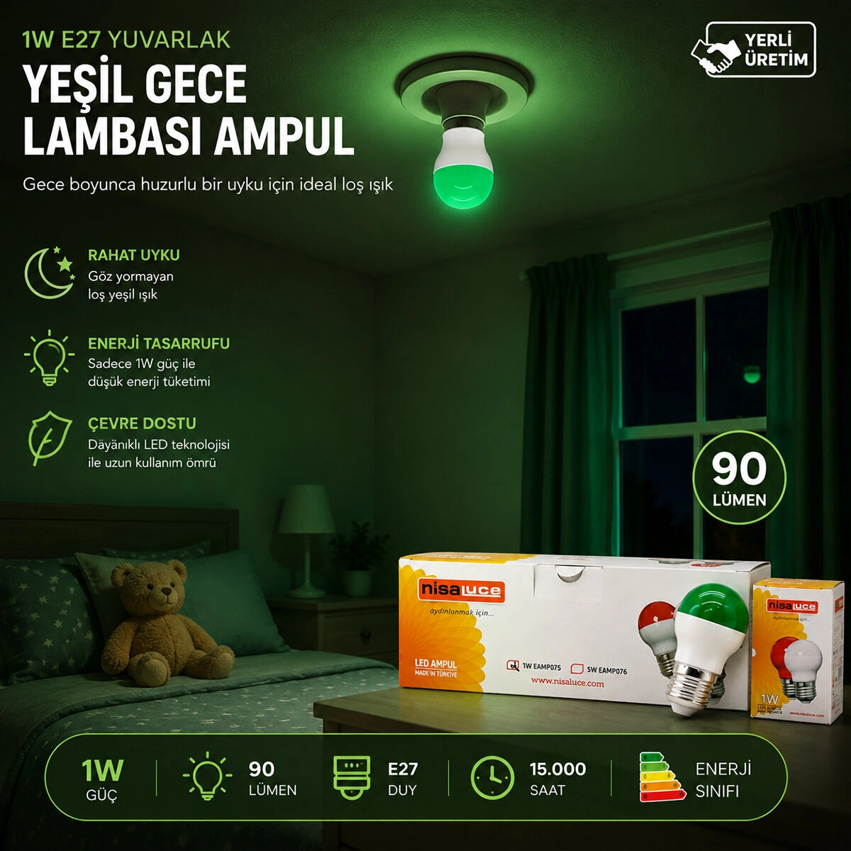 Yeşil Yuvarlak Gece Lambası 1W E27 10 Adet Set