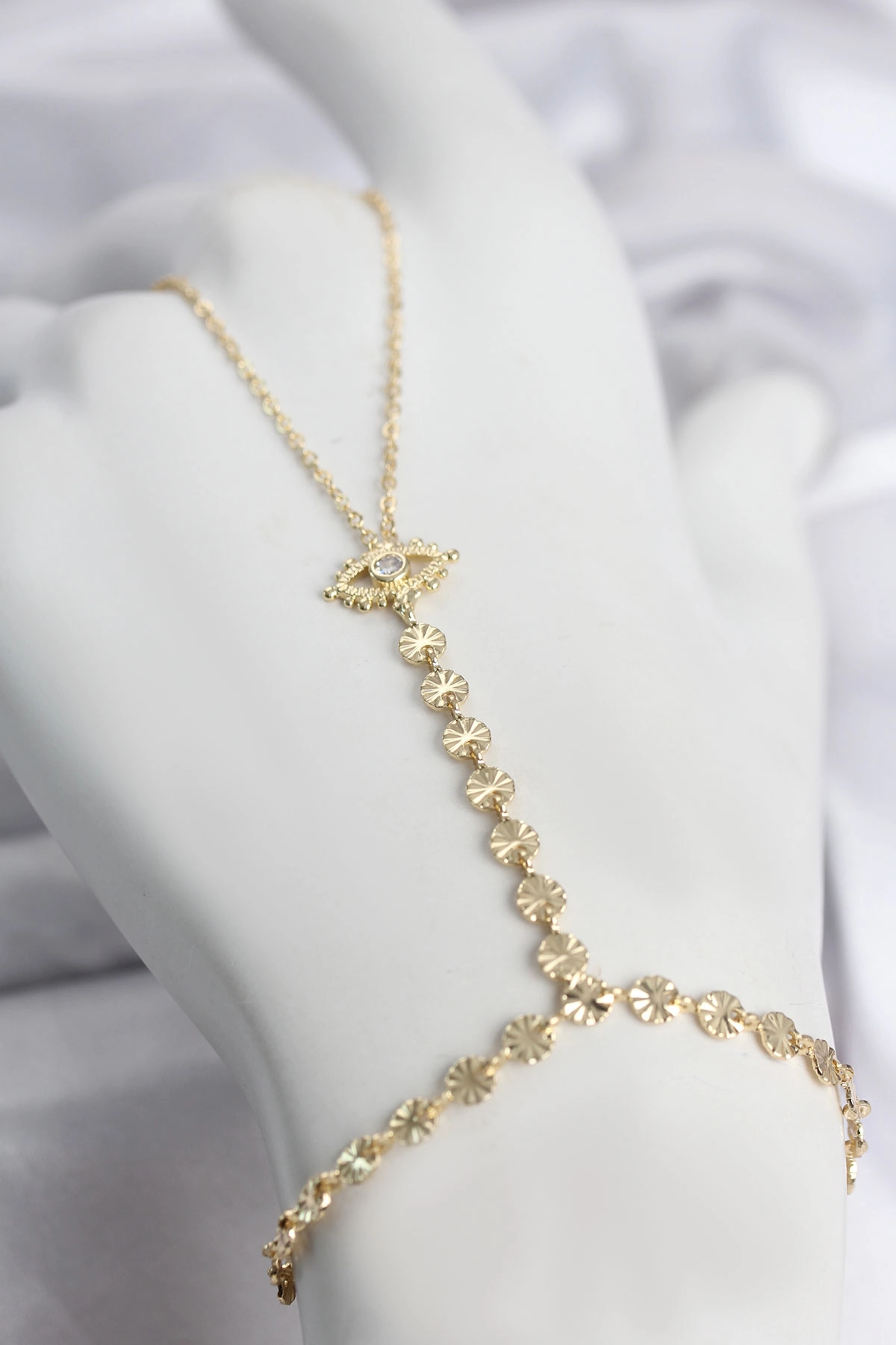 Zirkon Taşlı Gold Renk Pirinç Göz Kolye
