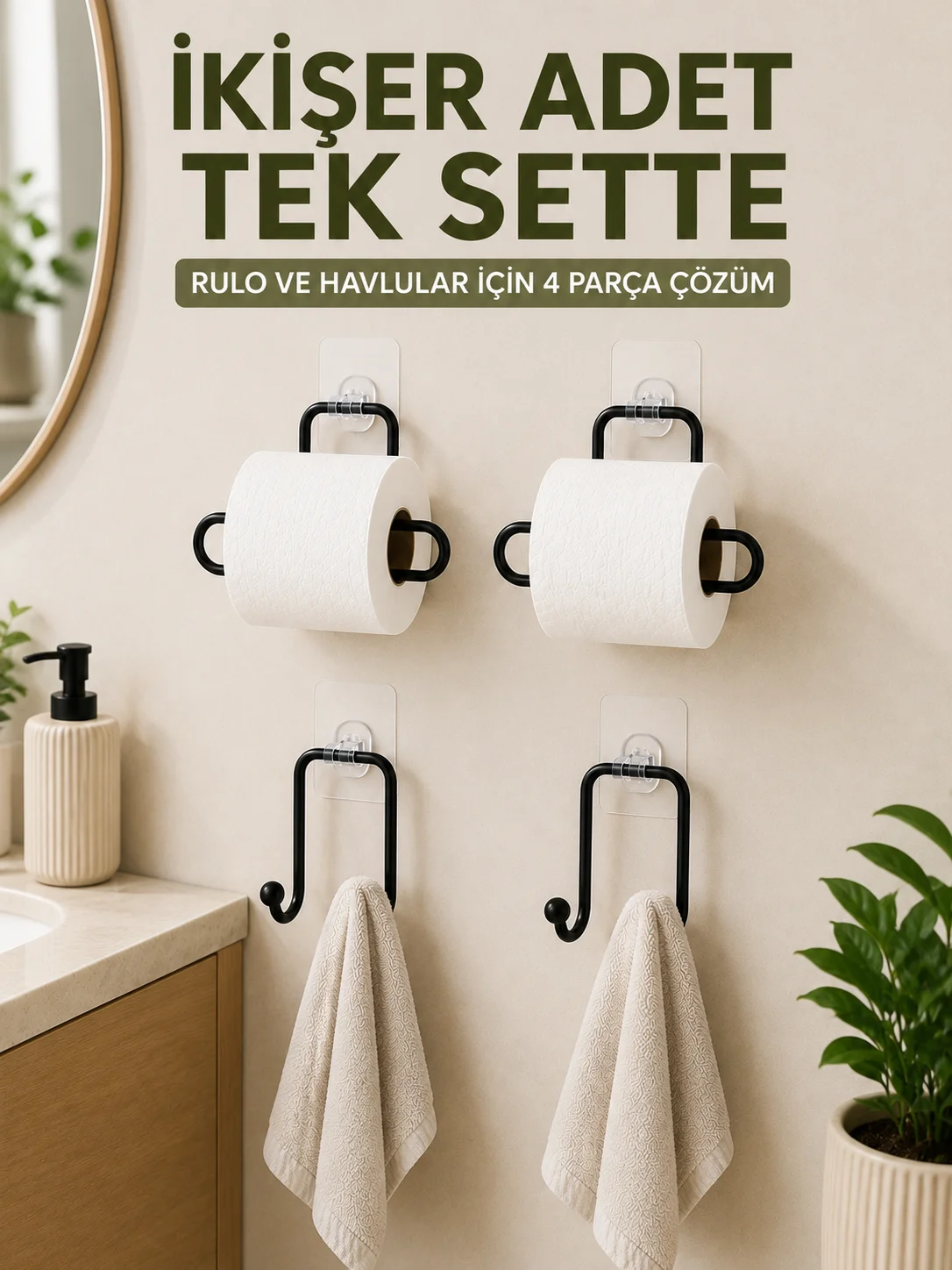 Rulo Kağıt Tutucu ve Havlu Bez Askılığı Seti 2’şer Adet Toplam 4 Parça