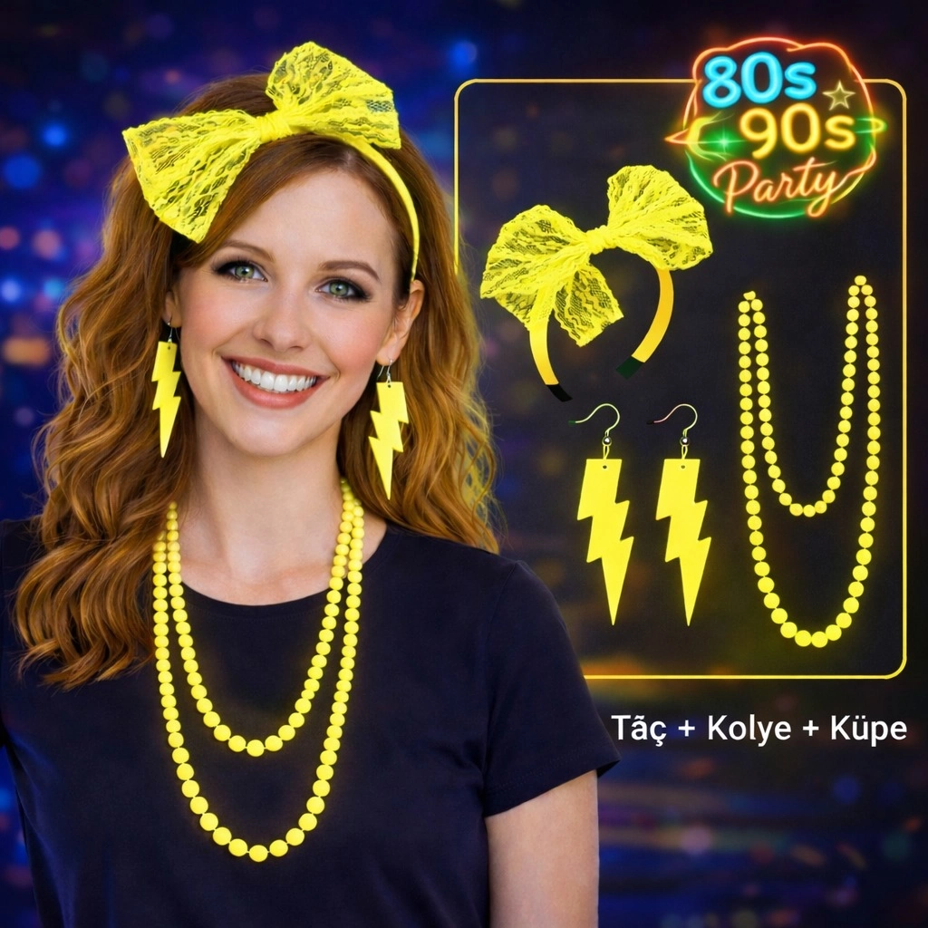 Retro Neon Sarı Parti Seti Kolye Küpe Taç