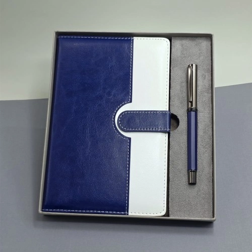 Şık Mavi Beyaz Deri Defter ve Metal Kalem Seti