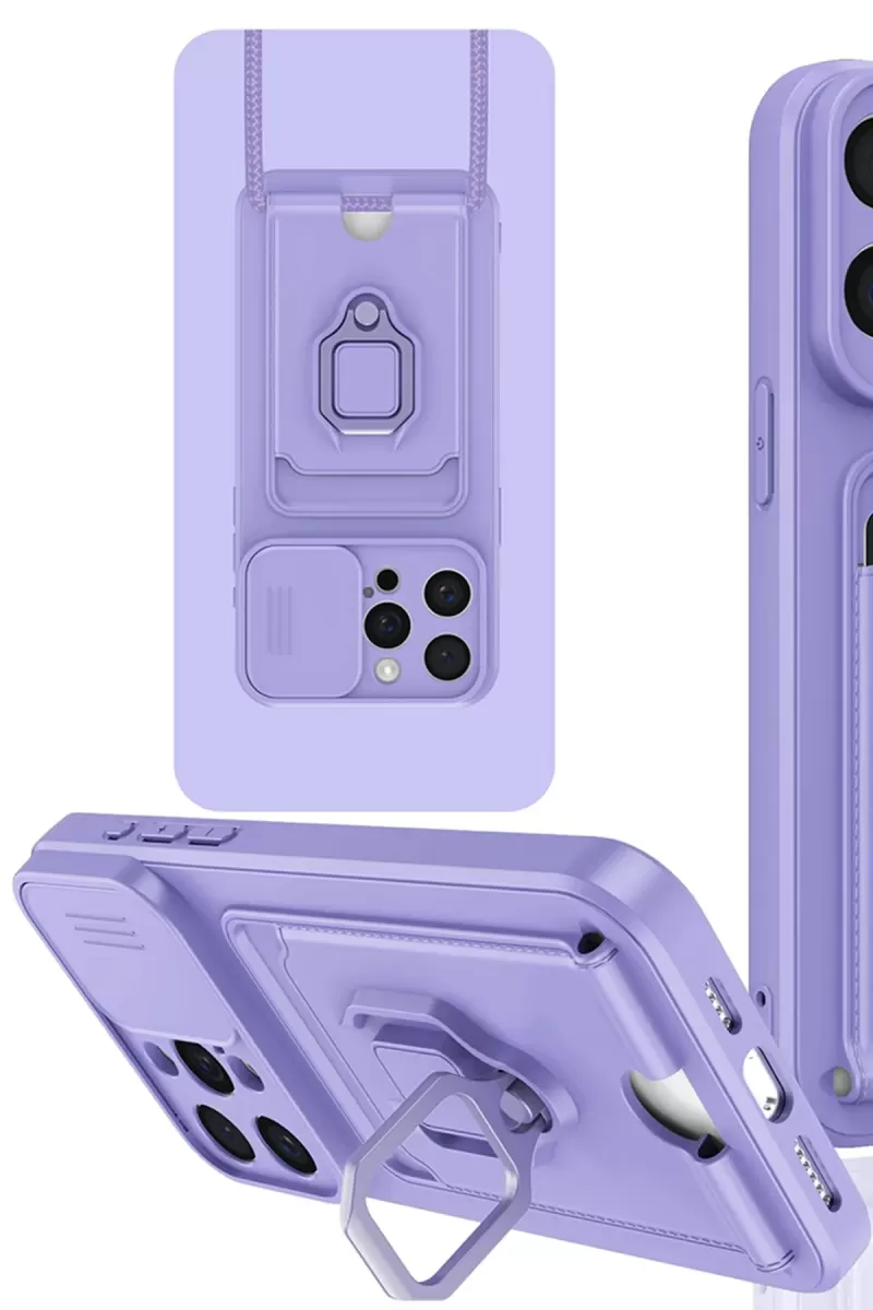 Apple iPhone 15 Pro Uyumlu Kılıf Zuma Kartvizitli Yüzüklü Silikon - Lila