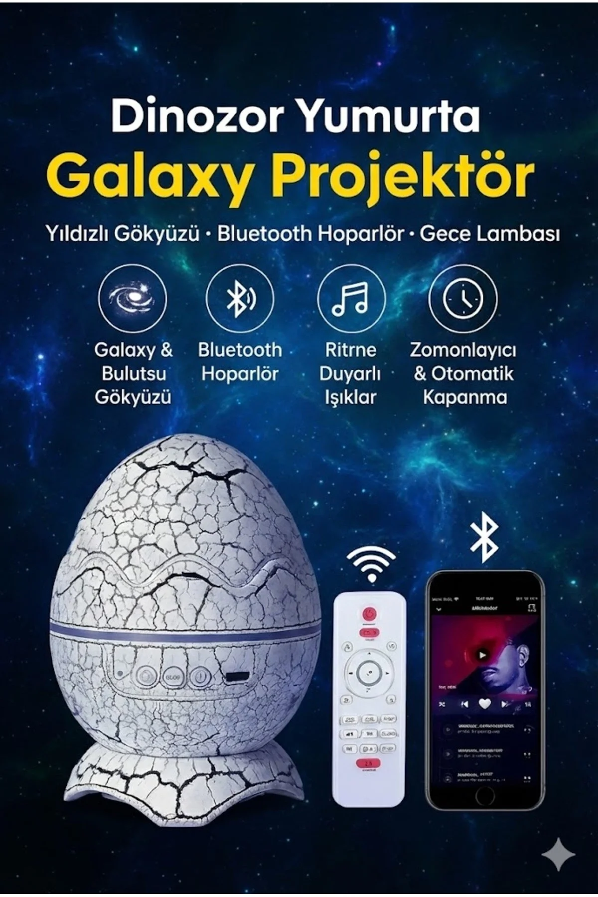 Bluetooth Hoparlörlü RGB Gece Lambası – Dinazor yumurtası Işıklı, Uzaktan Kumandalı Dekor Lamba