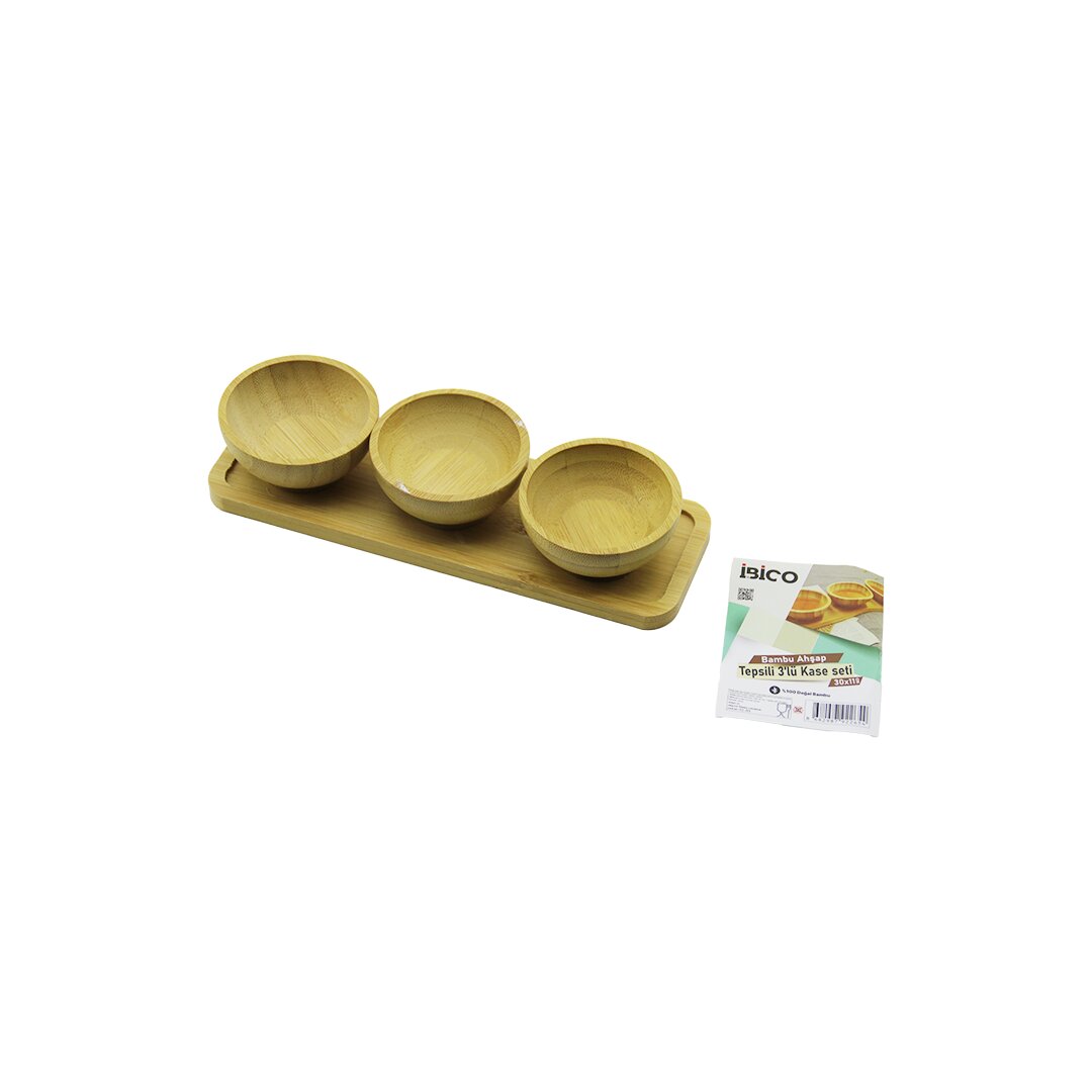 4PCS Çerezlik - Lokumluk Ahşap Bambu Tepsili Kase Seti 30X11CM