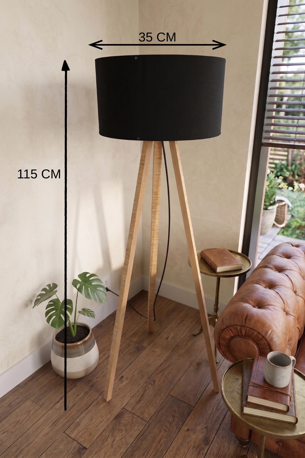 Şık Tripod Lambader Siyah Kumaş Başlık 115 cm Yükseklik