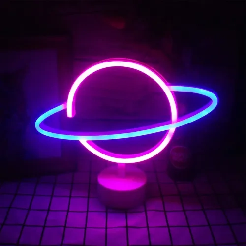 Modern Neon Işıklı Satürn Lamba Pil ve USB Uyumlu