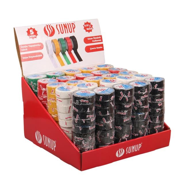 SN-27919 0.13x18mm 5 Renk İzole Elektrikçi Bant 10 Metre 50x5’li Paket (Kırmızı- Sarı - Siyah - Yeşil - Beyaz)